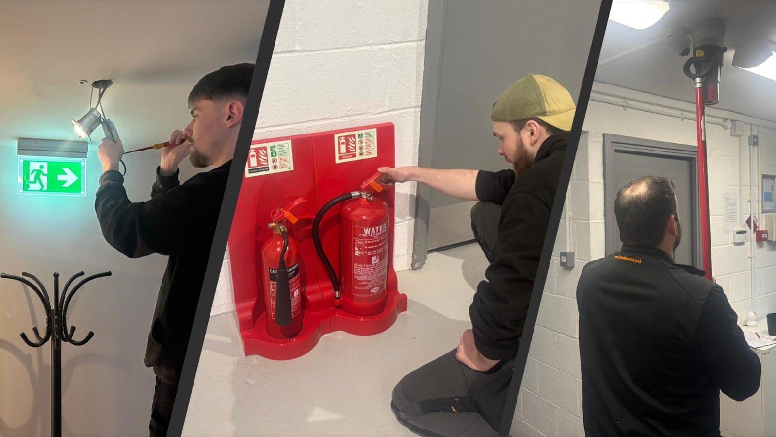 Homepage - Full Qualifications & Certifications Three men checking emergency lights, fire extinguishers, and fire alarms in a building.