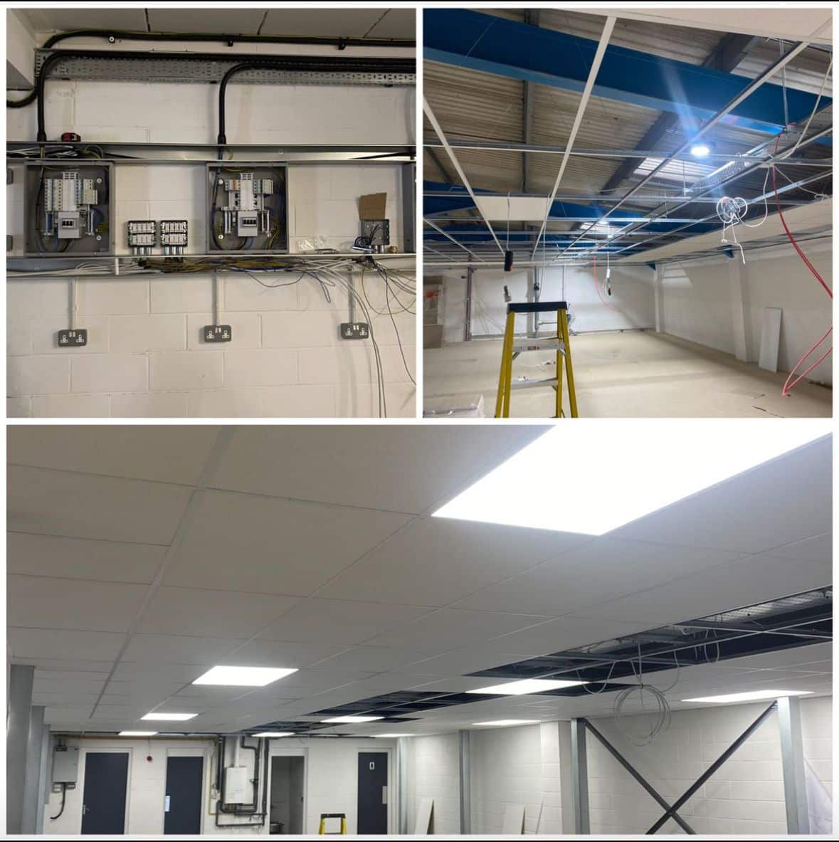 Three stages of installing LED lighting in a commercial building, including wiring and finished lights.